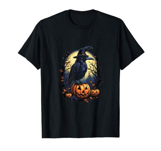 Crow Bird Witch Hat Pumpkins Halloween Costume T-Shirt