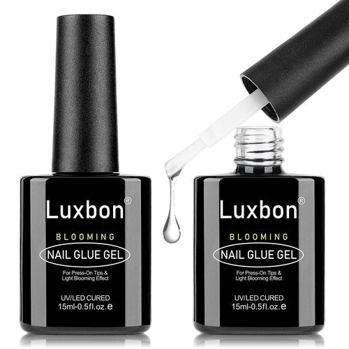 Luxbon 2x15ml Blooming Nail Glue Gel, UV/LED Cured Gel Glue Polish Blossom Long Lasting For Press On Tips Fake Nails Full Cover Nails