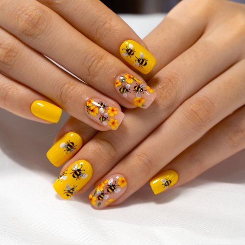 Curvlife Soft Gel Press on Nails, 30Pcs 15 Sizes Nail Tips, Full Cover Small Bee Style Short Design Reusable Gel Nails Kit with Glue and Adhesive Tabs