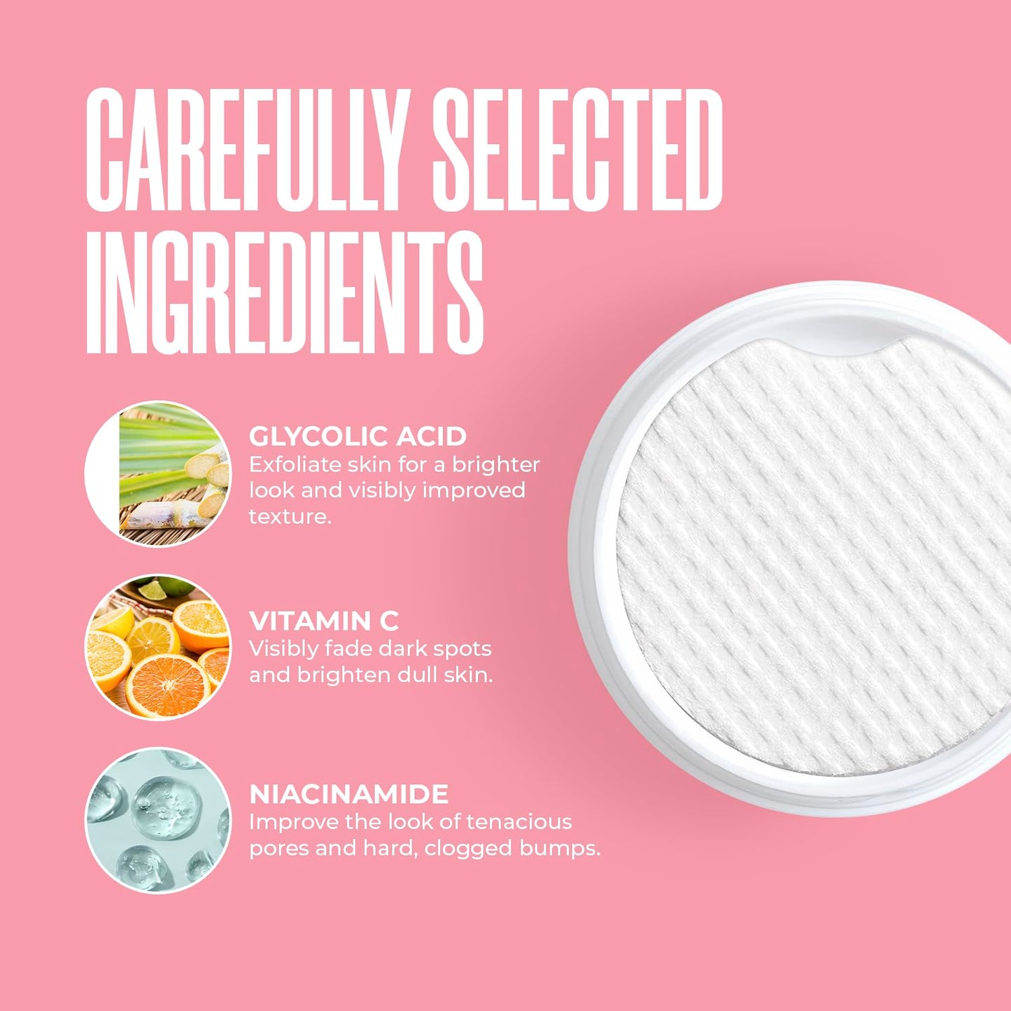 Glycolic Acid Pads with Vitamin C - Toner Pads for Face Cleansing With Tea Tree Oil - Exfoliating Pads with 20% AHA & Vitamins E, B3, B5 - Facial Peel Resurfacing Pads, Glycolic Acid Peel (50)