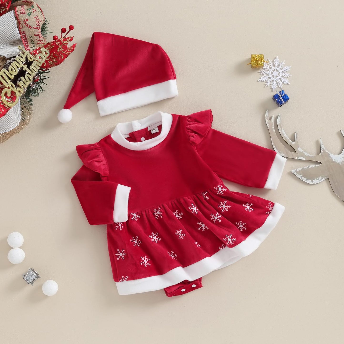 Baby Girls Christmas Dress Velvet Santa Claus Romper Dress Long Sleeve Plush Xmas Princess Party Cosplay Costume Dress (E-Red, 0-3 Months)