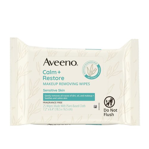 Aveeno Calm + Restore Unscented Makeup Remover Face Wipes, Fragrance Free Facial Cleansing Towelettes with Oat Extract & Calming Feverfew Leave Skin Feeling Soothed, Alcohol Free, 25 ct