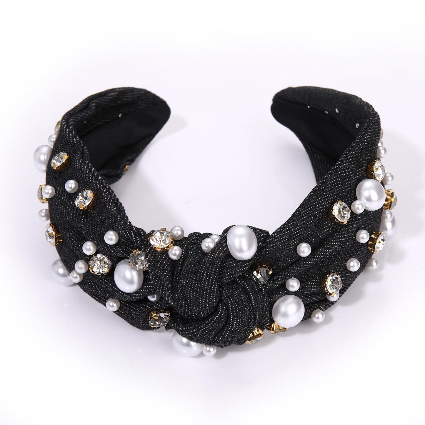 GLBCC Pearl Knotted Headband for Women White Pearl Rhinestone Jeweled Hairband Fashion Ladies Wide Bride Boho Party Hair Accessories (denim black knot hairband)