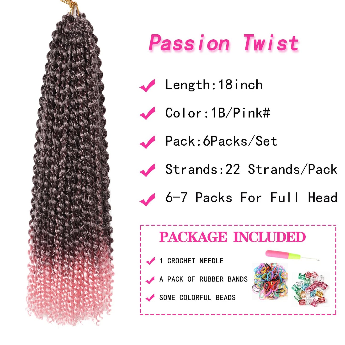 18 Inch Passion Twist Hair, Water Wave Crochet Hair Passion Twist Crochet Hair for Women 6 Packs Long Bohemian Synthetic Curly Braiding Hair Extensions Ombre Peach Pink (1B/Pink)