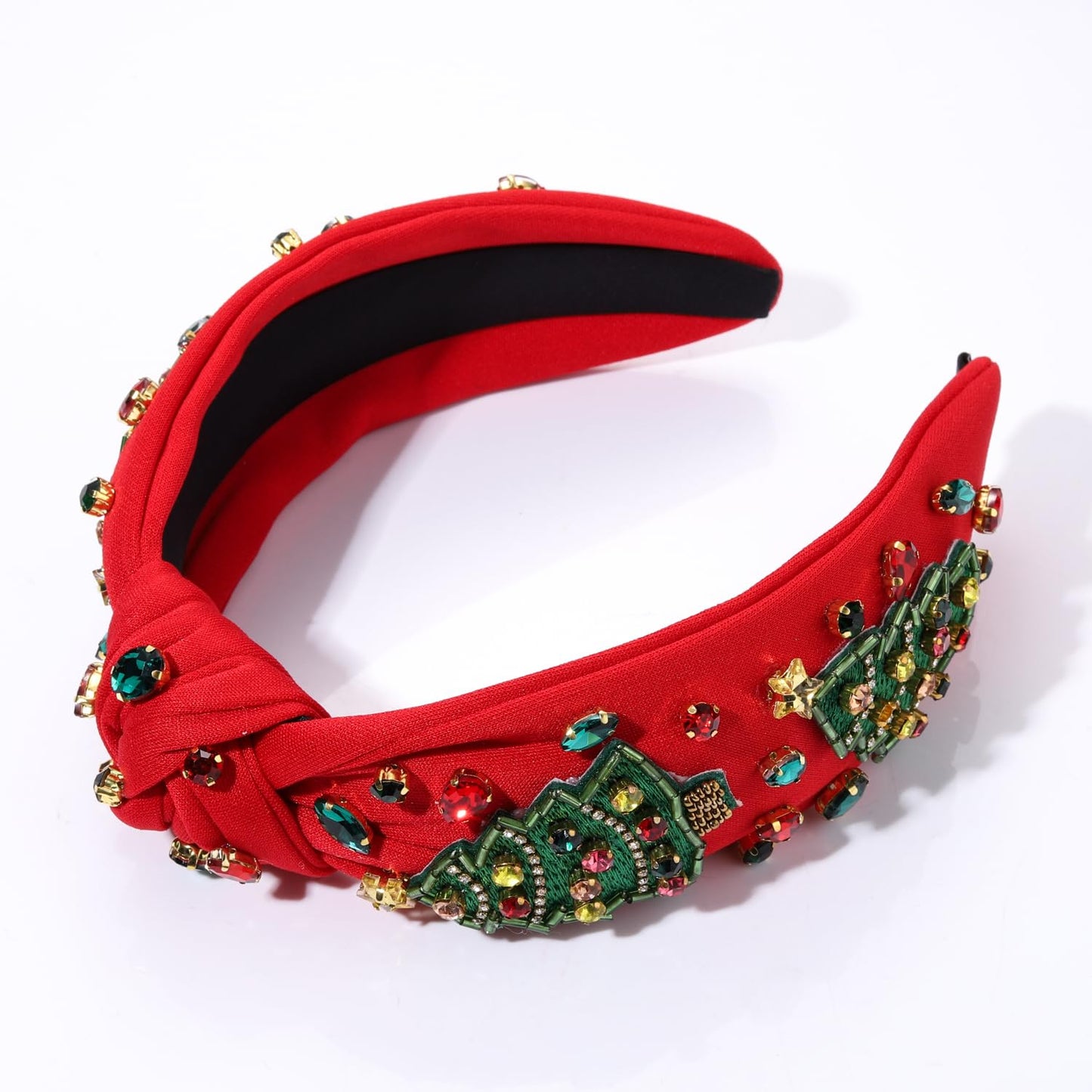 Christmas Headband for Women Holiday Christmas Accessories Beaded Xmas Bow Tree Snowflake HOHOHO Knotted Headband Red Green Crystal Pearl Top Knot Headband Festive Holiday Gifts (Xmas Tree 8)