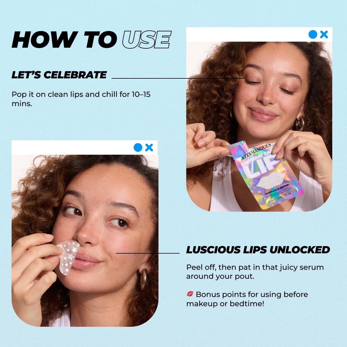 Vitamasques Lip Mask - Birthday Cake Collagen Sheets for Dry & Chapped Lips | Nourishing & Hydrating, 3-Pack