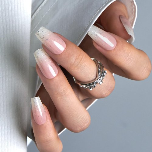 Curvlife Bling Coffin Press on Nails Short Square Acrylic Fake Nails with Apricot Design Full Cover False Nails Glossy Gradient Artificial Stick on Nails for Women(Gradient Nude White)