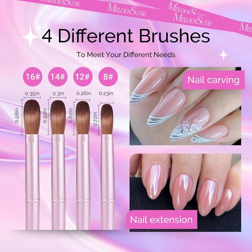 MelodySusie Acrylic Nail Brush Set - 4 Professional Brushes for Acrylic Powder & 3D Nail Art | Sizes 8/12/14/16