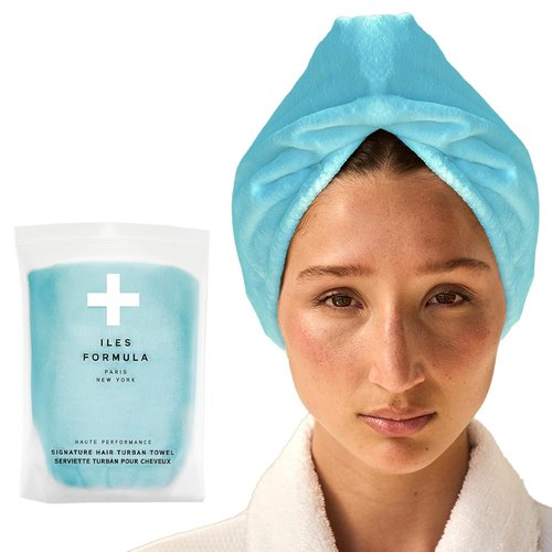 ILES FORMULA Hair Turban Towel - Ultra-Soft Microfiber Wrap for Fast Drying & Frizz Control | Large Spa Blue