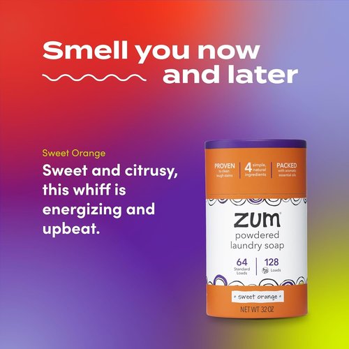 Indigo Wild Zum Powdered Laundry Soap - Plant-Based with Baking Soda & Essential Oils - 64 Loads (32 oz) - Sweet Orange