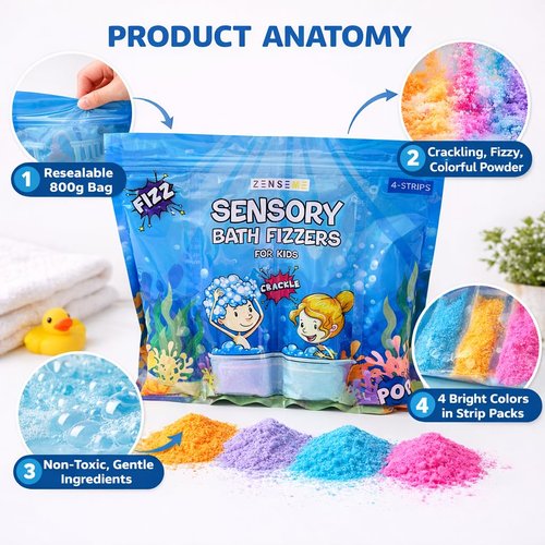 Zenseme Bubble Bath for Toddlers 1-3 - Colorful Bath Fizzies Powder – 4 Bubble Fizzing Bath Colours - Fun & Educational Bath Gift Set - Crack Sounds & Sensory Fun - Resealable 800g Bag