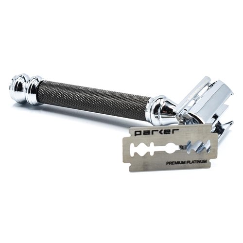Parker 76R Heavyweight Butterfly Safety Razor - Gunmetal Finish & Long Knurled Handle for Precision Shaving