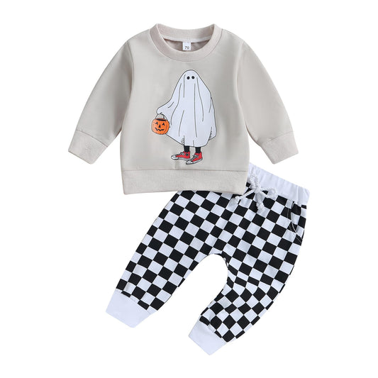 FYBITBO Toddler Baby Boys Halloween Outfits Ghost Long Sleeve Sweatshirt Shirt Top and Pants Fall Halloween Clothes Set (Grey-Ghost Costumes, 6-12 Months)