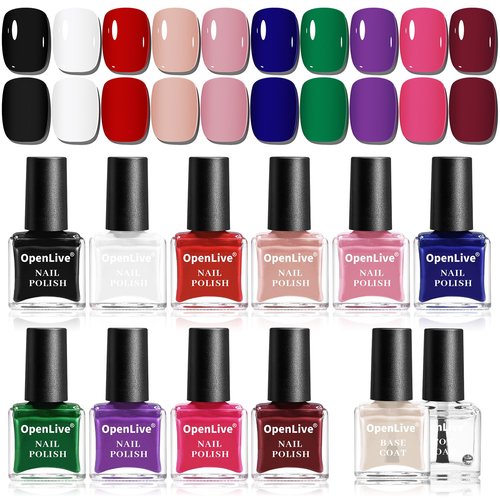 OpenLive 12 PCS Nail Polish Set - 10 Vibrant Colors with Base & Top Coat | Fast Drying for DIY Beginners