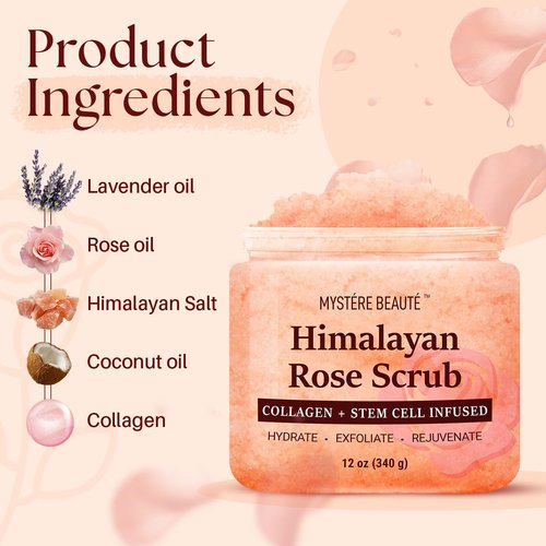MYSTÉRE BEAUTÉ Himalayan Salt Body Scrub - Exfoliating Collagen & Rose Oil Formula (12 oz) | Deep Cleansing & Moisturizing Skin Care Gift
