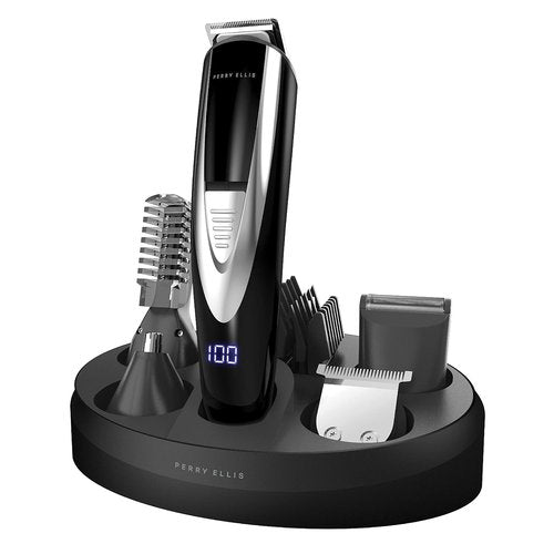 Perry Ellis Men's Grooming Kit - 16-Piece Rechargeable Beard Trimmer & Electric Razor Set | LED Display, 5 Guides