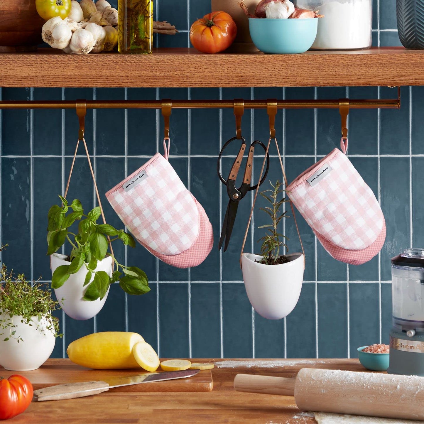 KitchenAid Gingham Mini Oven Mitt 2-Pack Set, Blue Velvet, 5.5"x8"