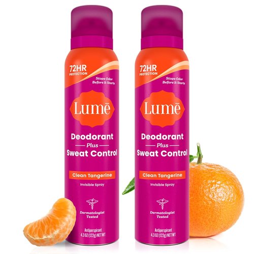 Lume Deodorant Plus Sweat Control - Extra Strength Invisible Spray Antiperspirant - 72 Hour Odor Protection | 2 Pack (Clean Tangerine)
