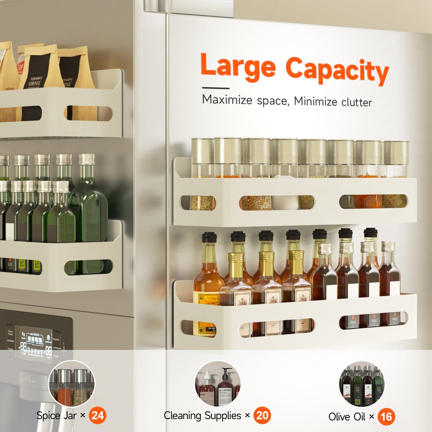 4 Pack Strong Magnetic Spice Rack for Refrigerator, Multipurpose Magnetic Shelf for Fridge with 4 Hooks for kitchen and Bathroom Organization, Black