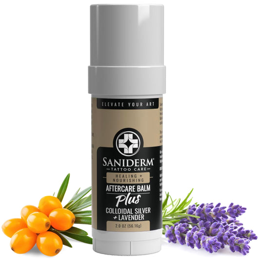 Saniderm Tattoo Aftercare Balm PLUS+ - Large (2.0 oz) – Petroleum Free, Organic Tattoo Moisturizer Infused with Colloidal Silver, Lavender Oil, and Other Natural Ingredients