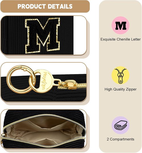 Regine Switzerland Personalized Black Corduroy Makeup Bag - Cute Monogrammed Travel Pouch (Letter B)
