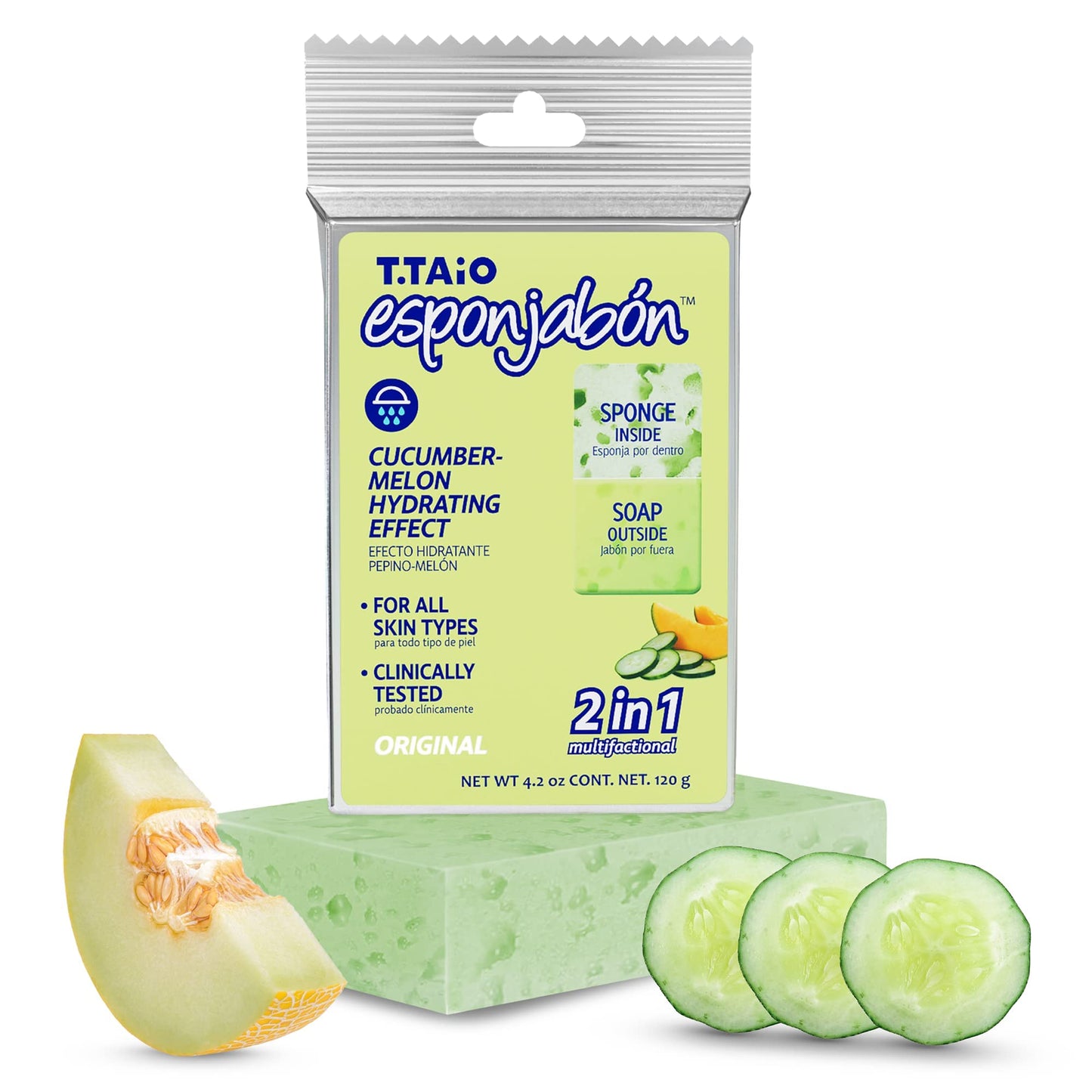 T.Taio Esponjabon Soap Sponge - Cleansing Shower Scrubber - Cleaning Bath Wash Scrub - Oil Removal - Massage & Lather Foot, Elbow, & Face - Bathroom Accessories - Cucumber & Melon Soap