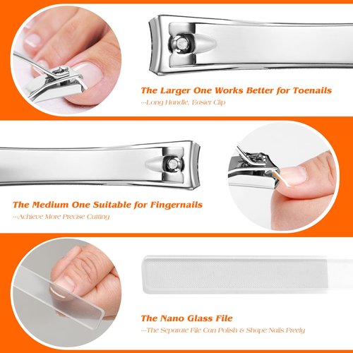 Nail Clipper Set with Catcher, 3-Piece Edgy Nail Clipper Kits, Premium Carbon Steel, Professional Finger and Toe Nail Clipper Set, A Separate Nano Glass Nail File Included, Travel Nail Clipper Kit