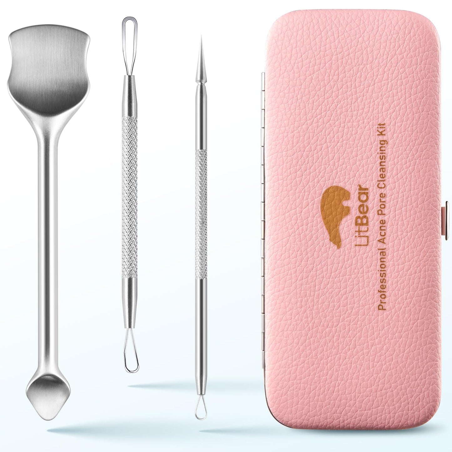 LitBear Pore Prep Tool, Blackhead Remover Pimple Popper Tool Kit, Stainless Steel Blackhead Extractions Tool for Acne, Whitehead Popping, Blemish, Comedone, Pink