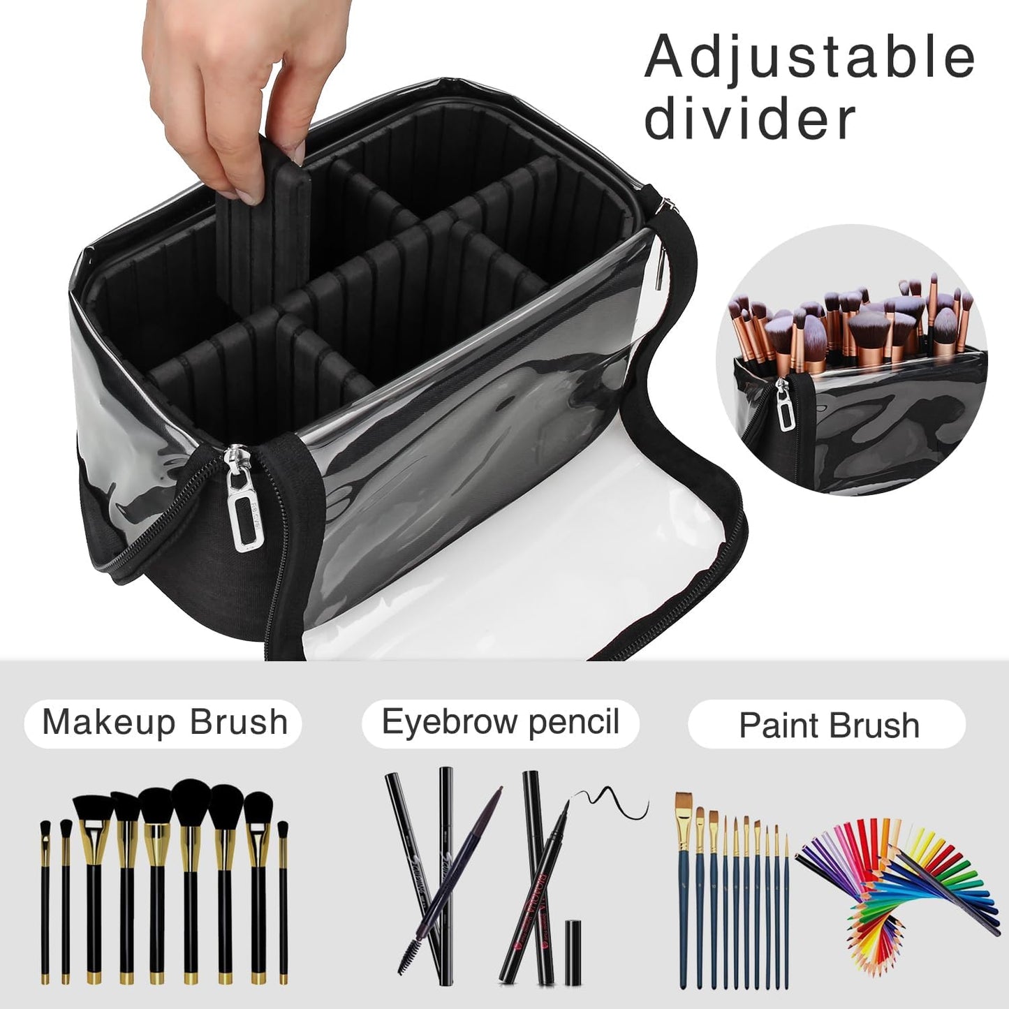 Skiennix Makeup Brush Organizer - Professional Travel Case with Adjustable Divider | Large Black