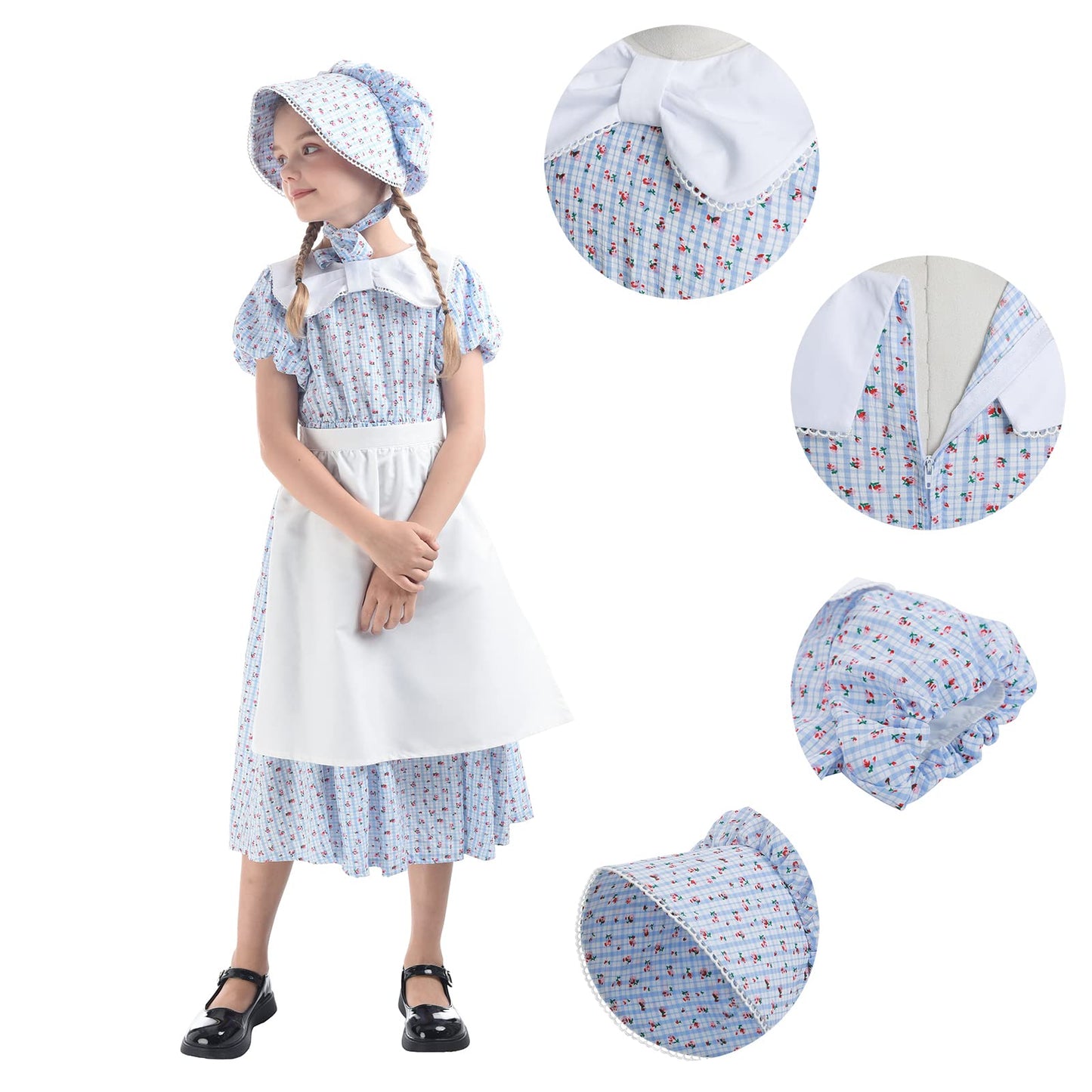 LTAKK Prairie Dresses Girls Pioneer Colonial Costume Girl Pilgrim Dress with Apron and Bonnet, Blue Plaid Floral, Large