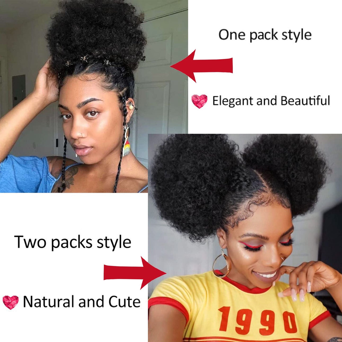 AISI QUEENS Natural Black Puff Ponytail for Women And Kids, Synthetic Curly Hair Ponytail African American Short Afro Puff Ponytail Hair Extensions Wig with 2 Clips(1B#)