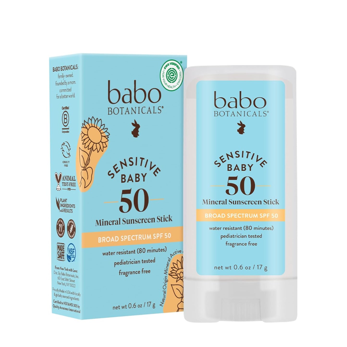BABO Botanicals Baby Mineral Sunscreen Stick SPF 50 | 70% Organic Ingredients, Zinc Oxide, Fragrance-Free