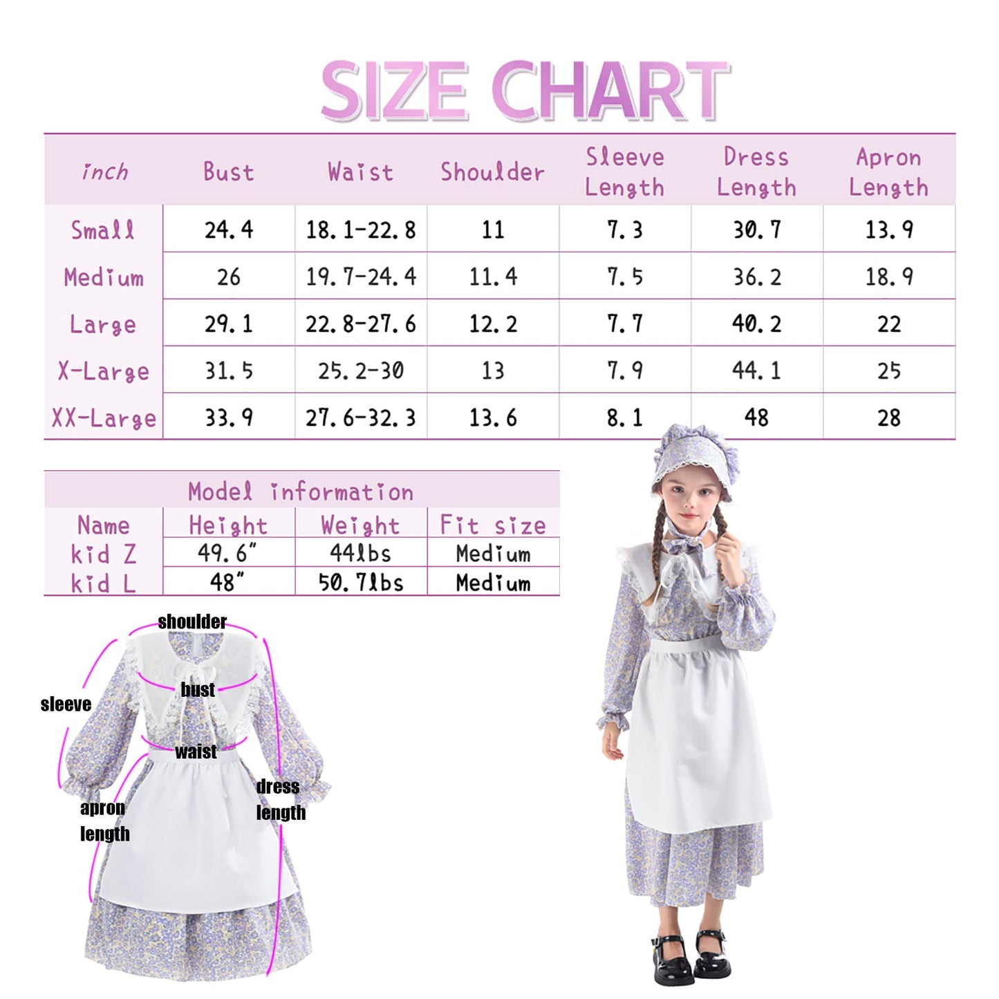 LTAKK Prairie Dresses Girls Pioneer Colonial Costume Girl Pilgrim Dress with Shawl, Apron and Bonnet, Blueviolet, Large