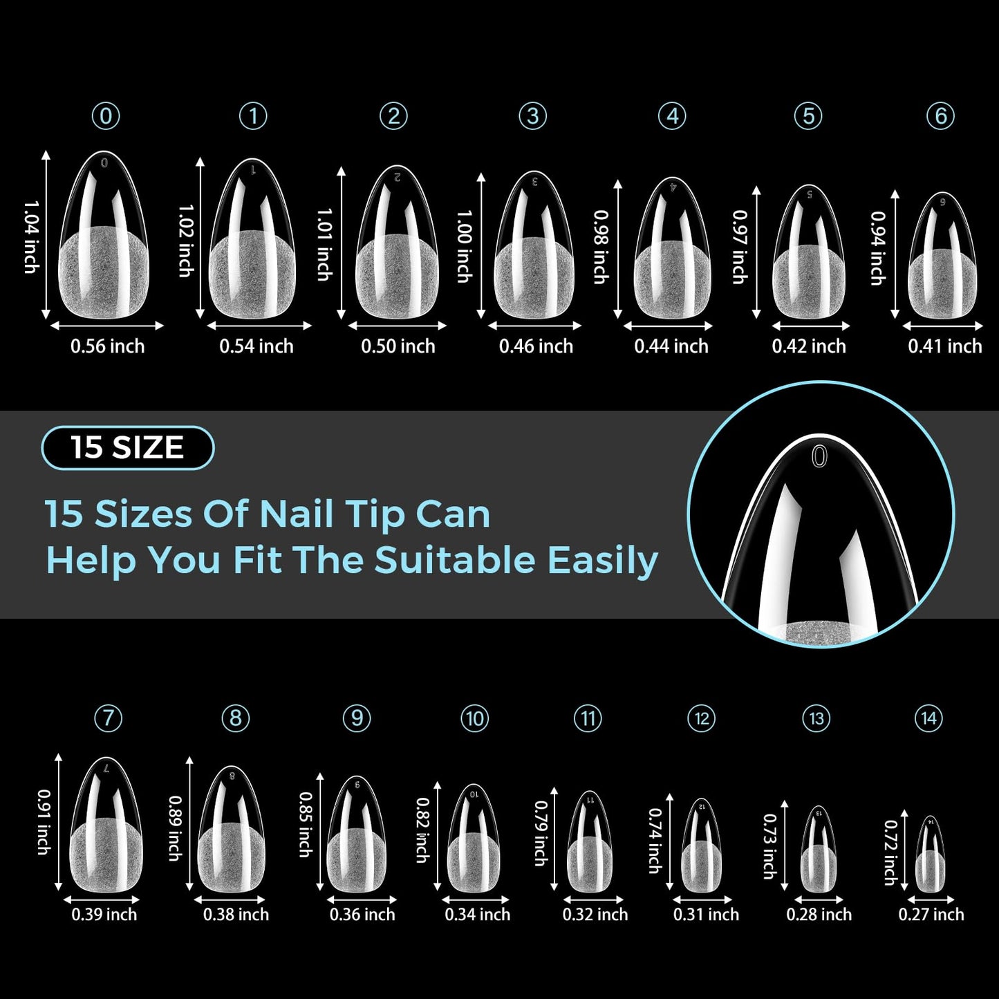 TOMICCA Medium Almond Nail Tips 510PCS, 15 Sizes Clear Nail Tips for Full Cover Half Matte Acrylic Nails, Nail Tips Almond Shaped for DIY Salon, Gel Nail Extension Tips for Beginners & Nail Techs