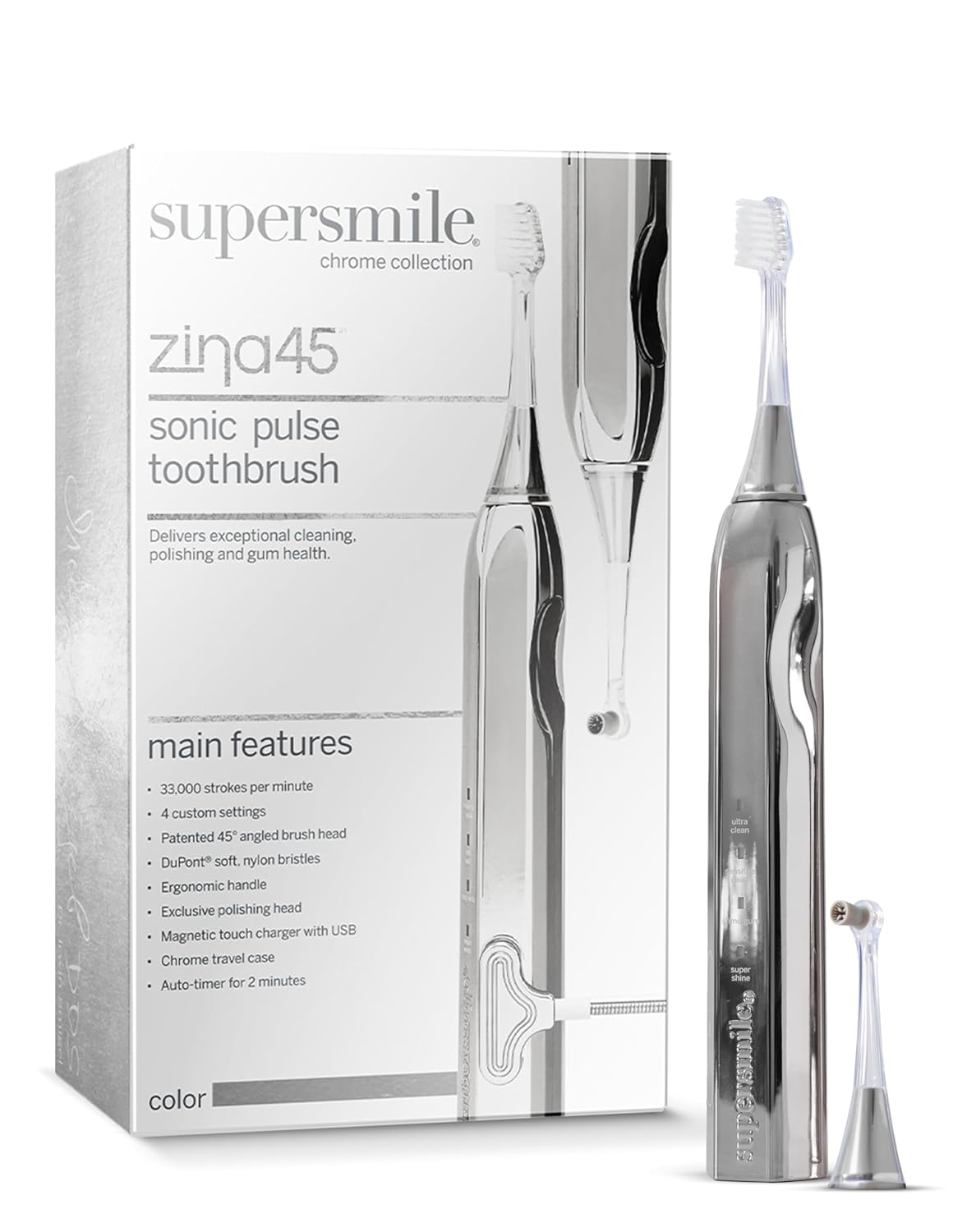 Supersmile Zina45™ Deluxe Sonic Pulse Toothbrush - Rechargeable Electric Brush with Angled Head & Travel Case for Whiter Teeth