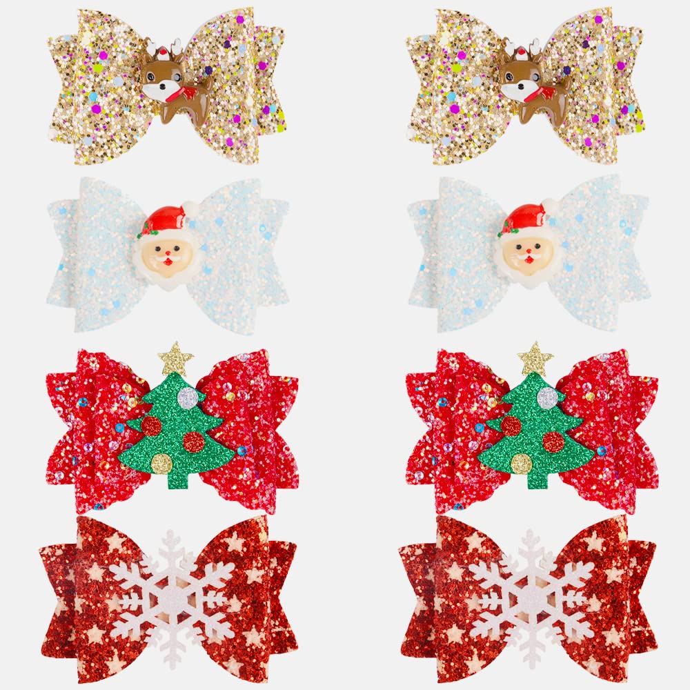 8 Pcs Christmas Red Sequins Bow Hair Clips for Girls Cute Glitter Elk Alligator Hair Bows Snowflake Hairpin Christmas Tree Accessories Teens Kids Party Favor Gift (Elk, Snowflake, Christmas Tree)