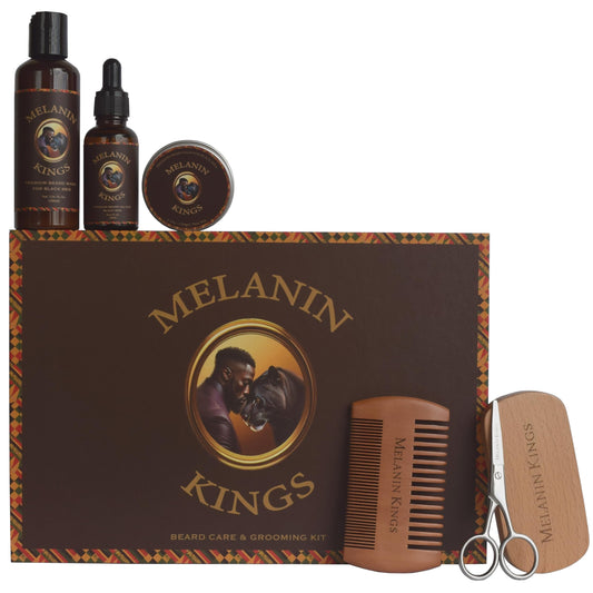 Melanin Kings Beard Grooming Kit for Men - Formulas With Ancient African Natural Ingredients | Beard Wash, Oil, Balm, Brush, Comb, Trimming Scissors