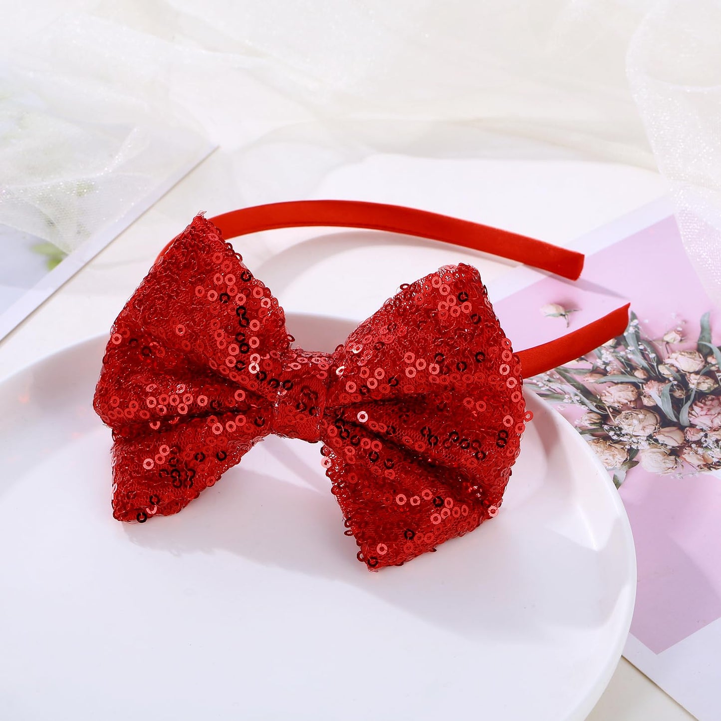 Kiszu Sparkly Sequin Hair Bow Headbands Fashion Glitter Cute Boutique Ribbon Bows for Girls, Kids, and Women (Red)