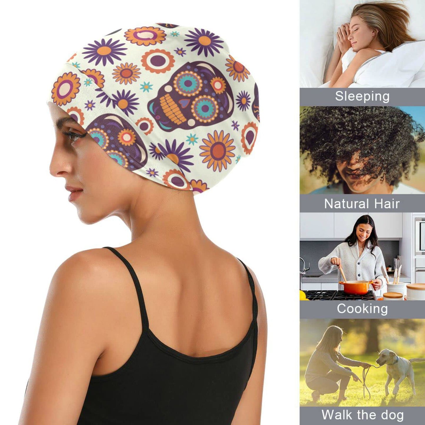 ElliTarr Satin Bonnet Lined Sleep Cap Hair Wrap Cover Slouchy Beanie for Curly Hair Protection for Gifts for Men Women Cute Skull Halloween