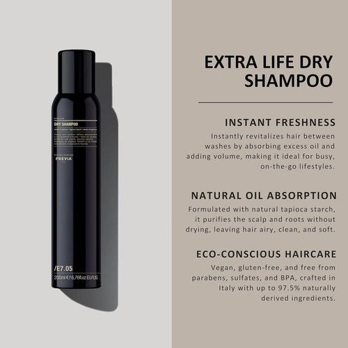 PREVIA Extra Life Dry Shampoo - Instant Scalp Refresh with Natural Tapioca Starch | Vegan Haircare for All Hair Types | 6.76 oz