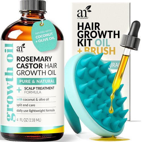Artnaturals Organic Rosemary Castor Hair Oil - Hair Growth Set with Massager | 4 oz for Dry, Damaged Hair