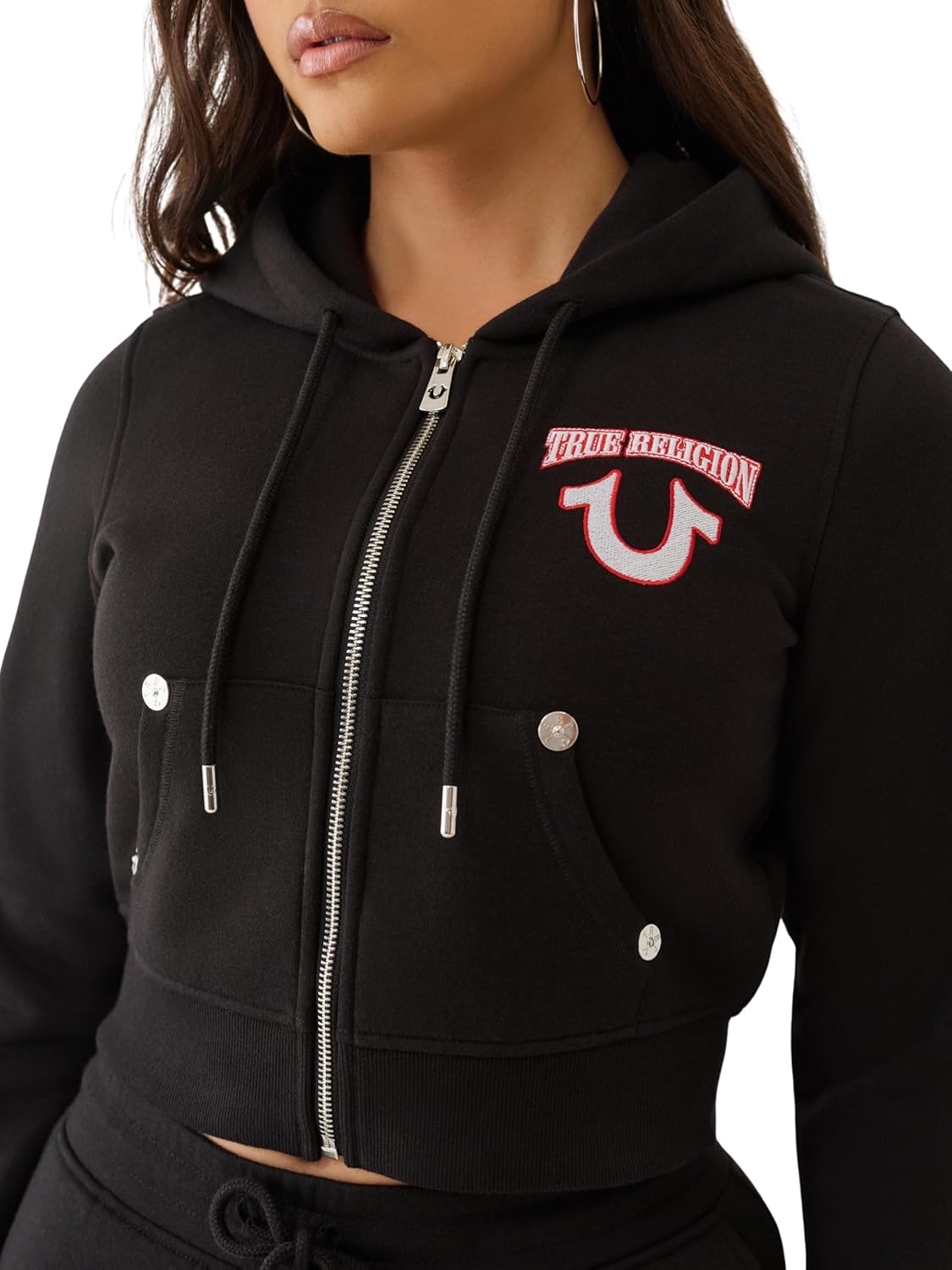 True Religion Women's Cropped Zip Hoodie - Embroidered Full-Zip Sweatshirt with Logo Stitching