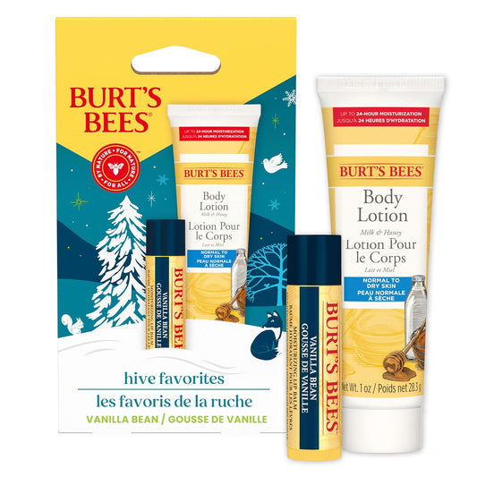 Burt's Bees Hive Favorites Gift Set - Vanilla Bean Lip Balm & Milk and Honey Lotion | Natural Skin Care 0.15 oz/1 oz