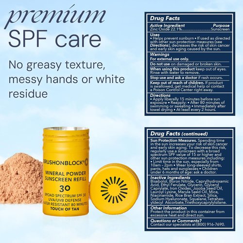 Brush On Block SPF 30 Mineral Powder Sunscreen Refill - New Formula with Niacinamide & Vitamin C | Water Resistant, Reef Friendly (Touch of Tan)
