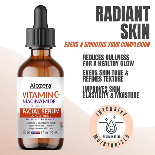 Alozera Vitamin C Facial Serum - Anti-Aging Formula with Niacinamide & Ferulic Acid for Radiant Skin | Gentle & Effective, Day & Night Use