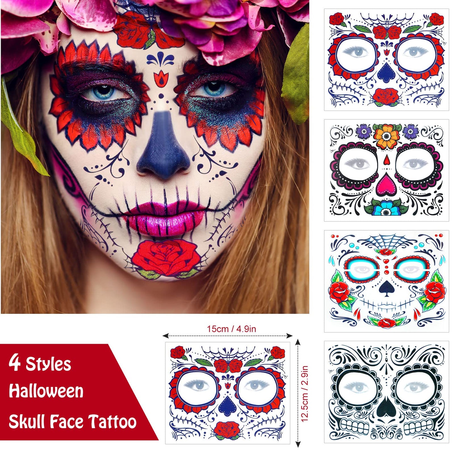 6 Pieces Day of the Dead Costumes for Women Halloween Crown Rose Floral Veil Headband Headpiece with Halloween Skull Face Temporary Tattoo Masquerade Mask for Costume Party (Black)