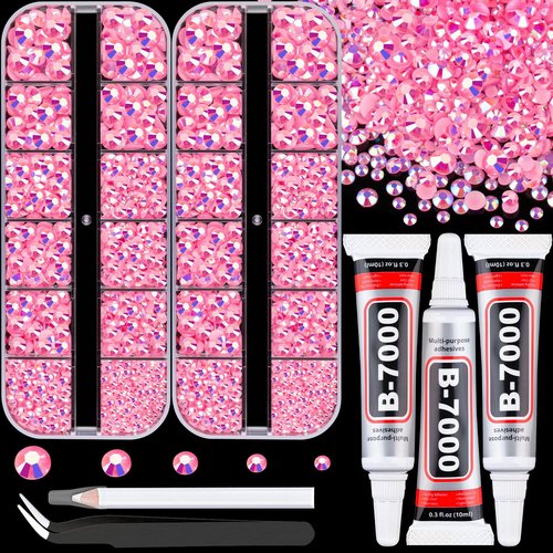 Resin Rhinestones for Crafting with 3Pcs 10ml B7000 Jewelry Glue, 2 Boxes Pink AB Flatback Gems Crystals Diamond for Bedazzling Crafts DIY Nail Art Makeup,Gems for Clothing Tumblers Shoes