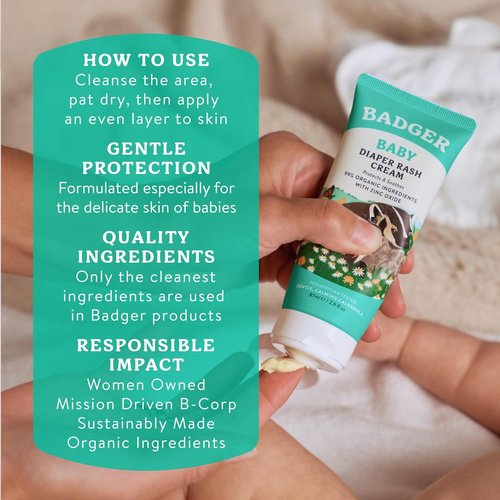 Badger Baby Diaper Rash Cream - Natural Zinc Oxide Skin Barrier with Organic Sunflower Oil | 2.9 fl oz