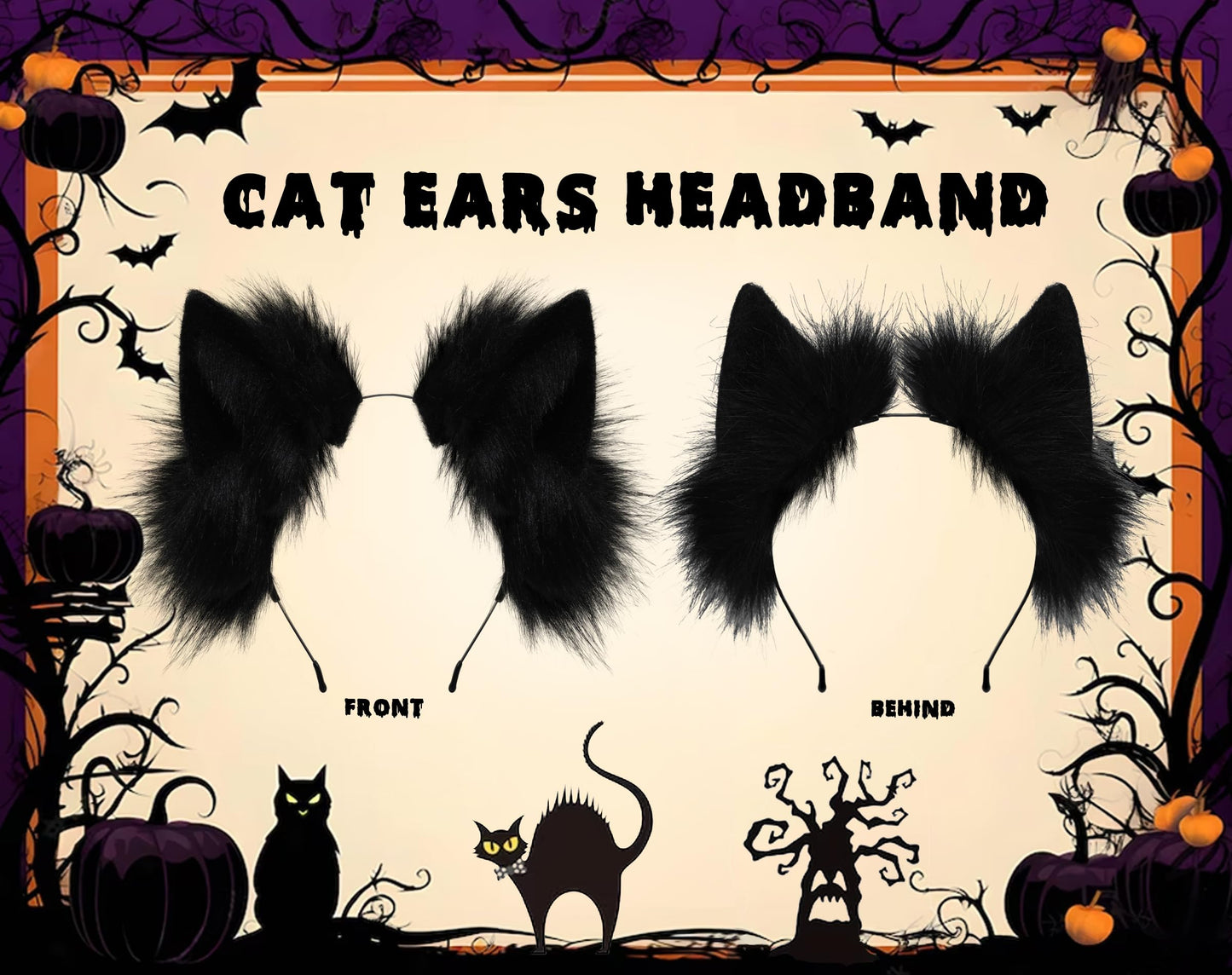 Loiahoer Cat Ears Headband Hairband Hairhoop,Animal Fluffy Neko Headwear Handmade,Head Accessories for Halloween Cosplay Fancy Dress Party,Black