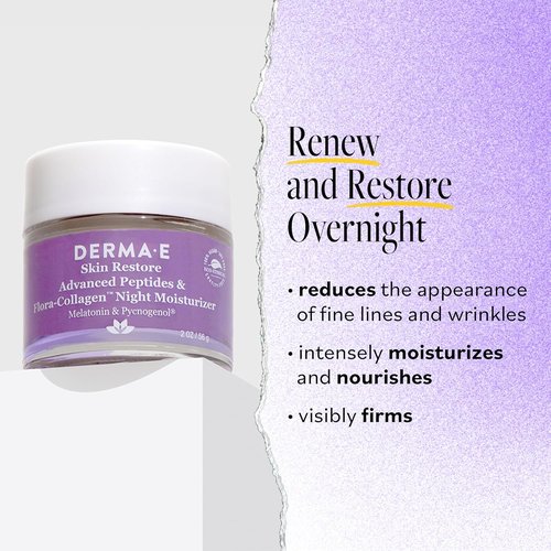 Derma E Advanced Peptides Night Moisturizer - Vegan Flora-Collagen Cream for Hydration & Elasticity, 2 Oz